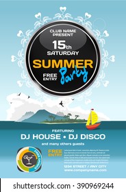 Vector summer party invitation disco style. Seascape with boat and island to posters, invitations or flyers. Vector template flat summer party poster.