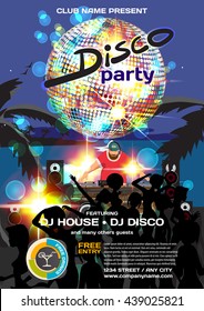 Vector summer party invitation disco style. Vector template night summer party poster.