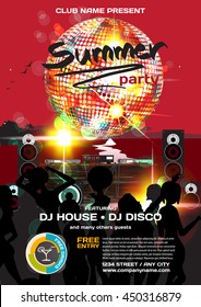 Vector summer party invitation disco style. Night beach, dj, women, discoball template  posters or flyers.