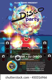 Vector summer party invitation disco style. Night beach, dj, discoball template posters or flyers.