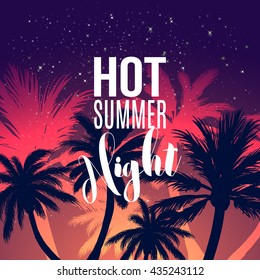 Vector summer party poster background. Hello Summer night. Hello Summer vector illustration. Say Hello to summer. Hand lettering summer typography poster. Handwritten summer lettering. Summer flyer.