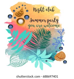 Vector summer party poster background. Summer party.Palm and seashells