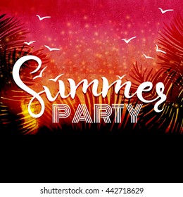  Vector summer party poster background.Watercolor, colors of sunset and twilight,  summer calligraphy.Summer sky,summer picture,summer art,summer image,summer design,summer travel,summer poster