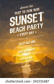 Vector summer party poster template. Polygonal sunset background. 