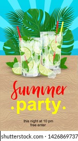 Vector Summer Party poster with tropical palm leaves, couple of Mojito cocktails and text. Summer inspiration phrase with tropical palm leaves for banner, invitation, party, card, web, social media.