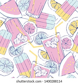 Vector summer party seamless pattern. Background with cocktail, lemon, watermelon and popsicle. Ideal for cards, wrapping paper and scrapbooking.