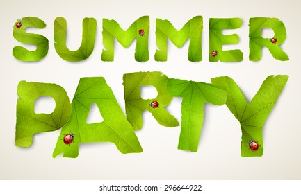 Vector Summer Party words, made from green leaves, isolated on background