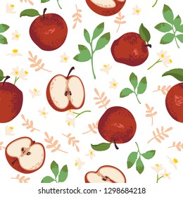 Vector summer pattern with apples, flowers and leaves. Seamless texture design.