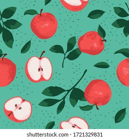 Vector summer pattern with apples, flowers and leaves. Seamless texture design.