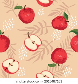 Vector summer pattern with apples, flowers and leaves. Seamless texture design.