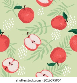 Vector summer pattern with apples, flowers and leaves. Seamless texture design.