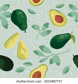 Vector summer pattern with avocado, flowers and leaves. Seamless texture design.