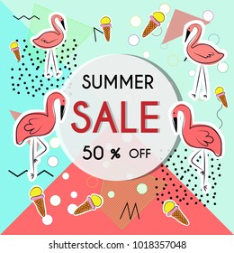 Vector summer pattern  background with fruits and  floral elements in memphis style ,Set of cute summer icons.