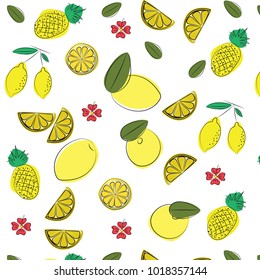 Vector summer pattern  background with fruits and  floral elements in memphis style 