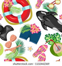 Vector summer pattern of beach clothes, inflatable fish and a life buoy with tropical leaves and flowers