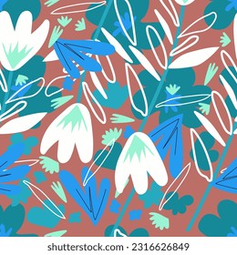 Vector summer pattern in blue and red patterns in vegetable stylized flowers on a monochromatic isolated background