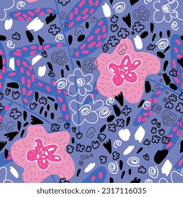 Vector summer pattern in blue and red patterns in vegetable stylized flowers on a monochromatic isolated background
