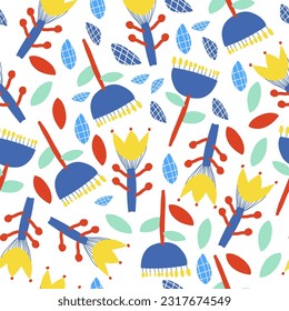 Vector summer pattern in blue and red shades in floral stylized flowers on a monochromatic isolated background