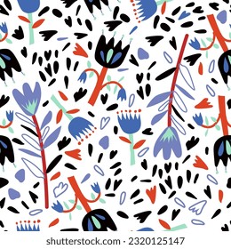 Vector summer pattern in blue and red shades in floral stylized flowers on a monochromatic isolated background