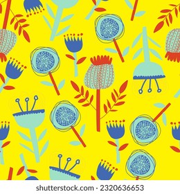 Vector summer pattern in blue and red shades in floral stylized flowers on a monochromatic isolated background