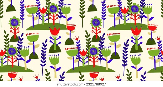 Vector summer pattern in blue and red shades in floral stylized flowers on a monochromatic isolated background