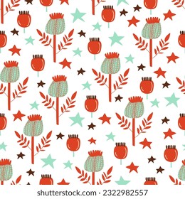 Vector summer pattern in blue and red shades in floral stylized flowers on a monochromatic isolated background