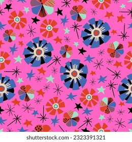 Vector summer pattern in blue and red shades in floral stylized flowers on a monochromatic isolated background