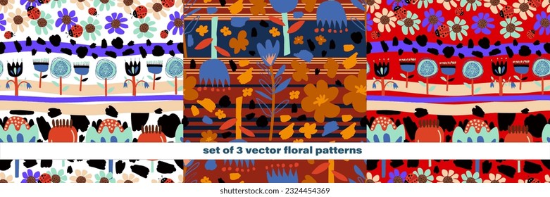 Vector summer pattern in blue and red shades in floral stylized flowers on a monochromatic isolated background