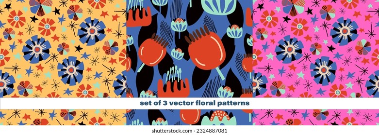 Vector summer pattern in blue and red shades in floral stylized flowers on a monochromatic isolated background