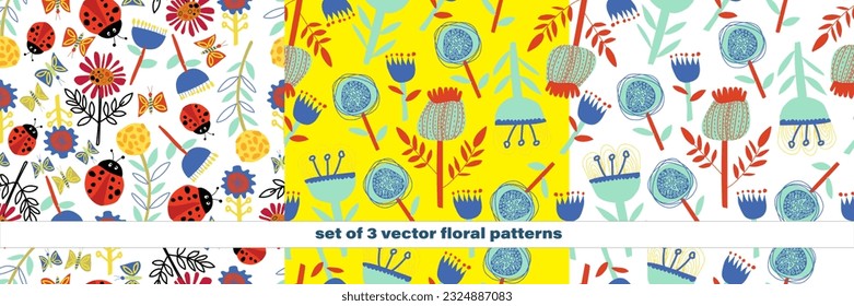 Vector summer pattern in blue and red shades in floral stylized flowers on a monochromatic isolated background