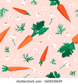 Vector summer pattern with carrots, flowers and leaves. Seamless texture design.