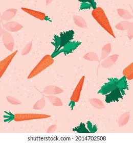 Vector summer pattern with carrots, flowers and leaves. Seamless texture design.