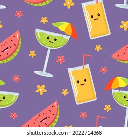Patrón vectorial de verano con cócteles de dibujos animados y flores. Textura transparente de verano brillante dibujada a mano