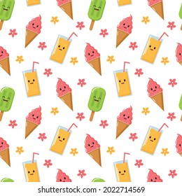 Vector summer pattern with cartoon cocktails and flowers. Hand drawn bright summer seamless texture
