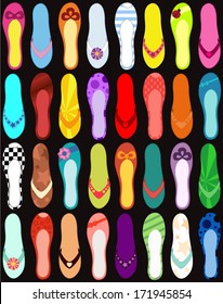 Vector summer pattern  of colorful flip flops and ballet shoes
