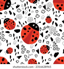 Vector summer pattern in cute ladybugs with different swirls and black spots on a white isolated background