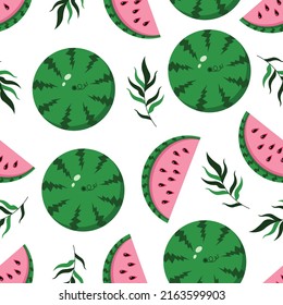 Vector summer pattern design with ripe watermelon, slices and green leaves on white background