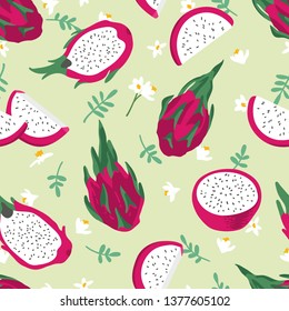 Vector summer pattern with dragon fruit (pitaya), flowers and leaves. Seamless texture design.