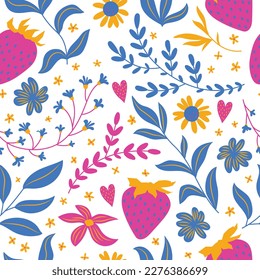 vector summer pattern with flower, strawberries and leaves
