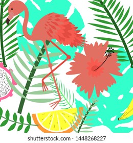 Vector summer pattern (flowers, flamingo, fruits)