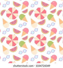 vector summer pattern of ice cream umbrella watermelon glasses on white background
