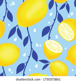 Vector summer pattern with lemon and seeds. Seamless pattern with lemon and branch. Vector seamless pattern with illustration of lemons, leaves and seeds. 
