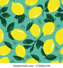 Vector summer pattern with lemons, flowers and leaves. Seamless texture design.