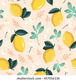 Vector summer pattern with lemons, flowers and leaves. Seamless texture design.