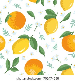 Vector summer pattern with lemons, oranges, flowers and leaves. Seamless texture design.