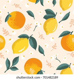 Vector summer pattern with lemons, oranges, flowers and leaves. Seamless texture design.