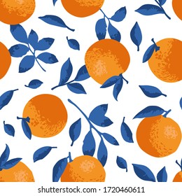 Vector summer pattern with oranges, flowers and leaves. Seamless texture design.