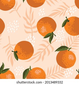 Vector summer pattern with oranges, flowers and leaves. Seamless texture design.