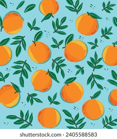 Vector summer pattern with oranges, flowers and leaves. Blue background design.
