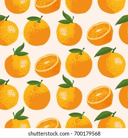 Vector summer pattern with oranges, flowers and leaves. Seamless texture design.